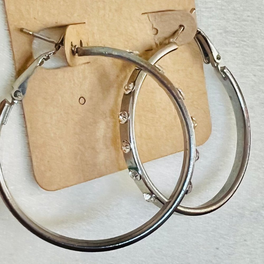 Argentine Stainless Steel & Sparkling Rhinestone Clasp Post Large Hoop Earrings - Picture 2 of 7
